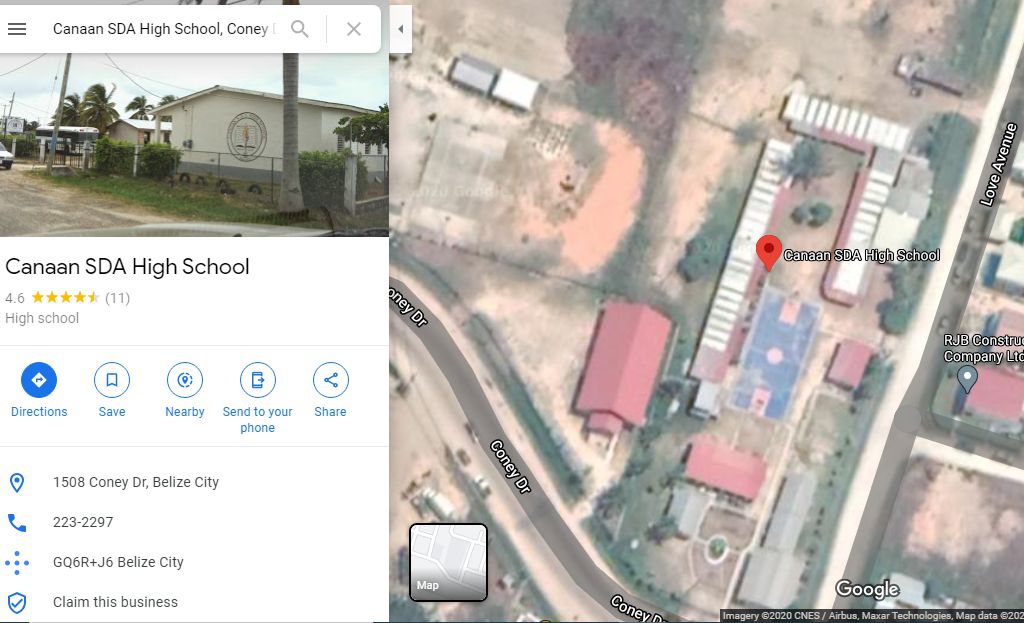 Google map satellite view of Canaan High School, Belize City
